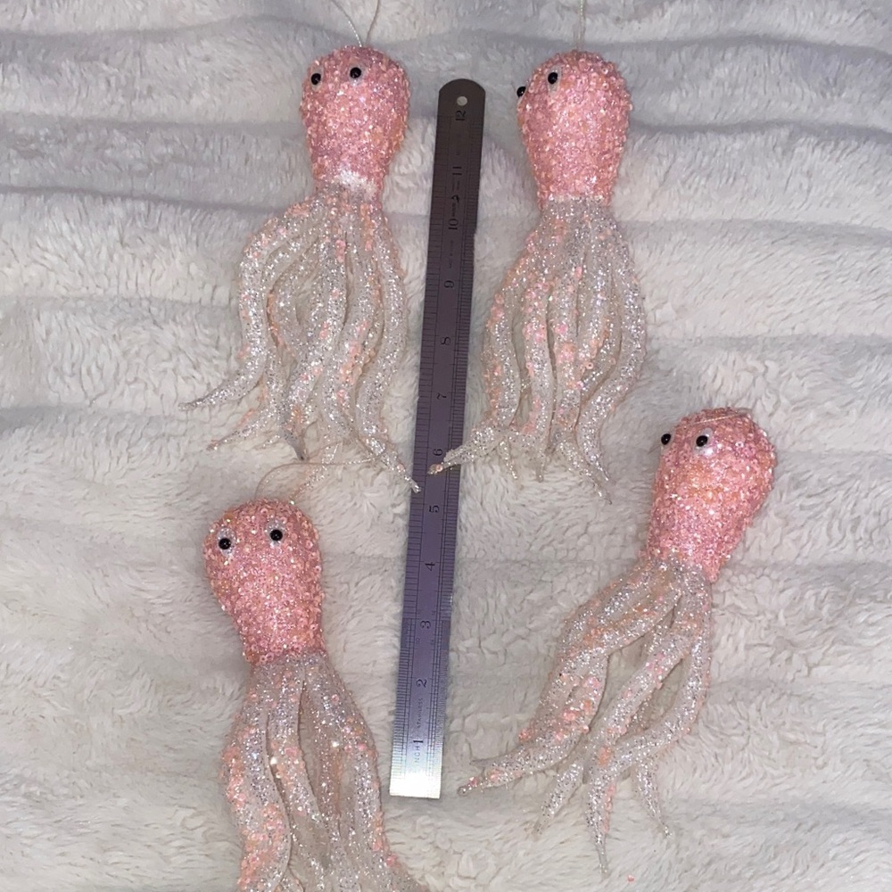 Set of Four Pink and White Macy’s Holiday Lane Octopus Christmas Tree Ornaments